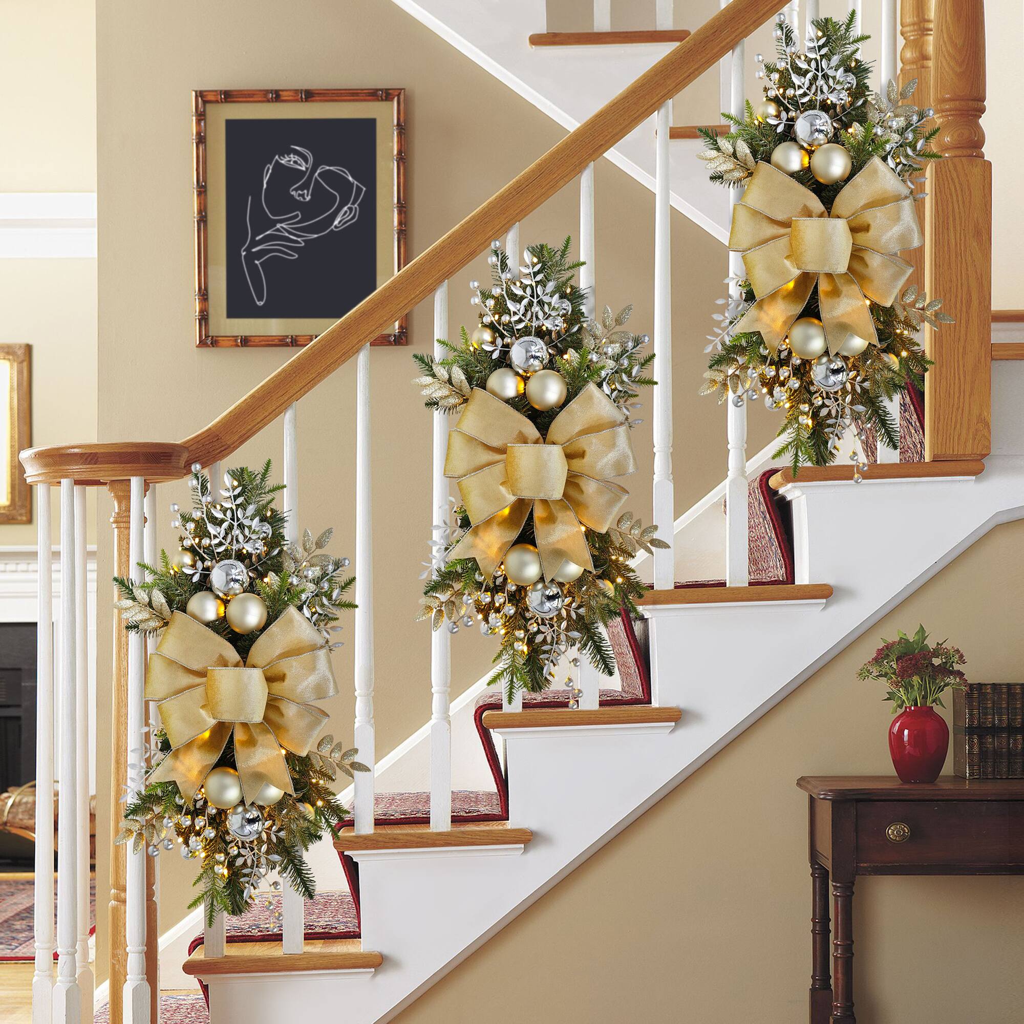 28" Pre-Lit Gold & Silver Adorned Artificial Banister Swag